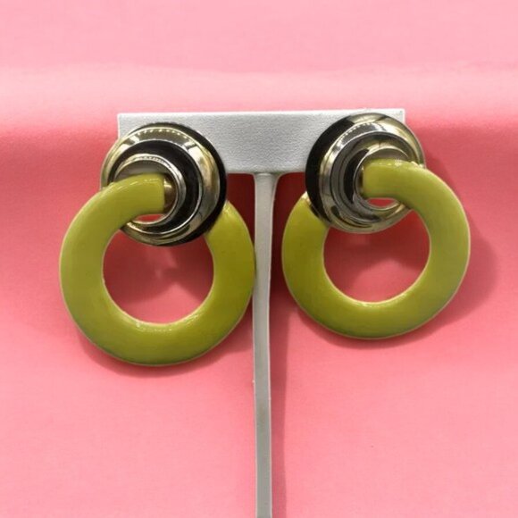 Vintage Earrings Spring Green & Gold Pierced Earrings - Picture 2 of 5